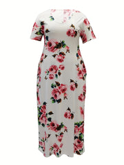 Floral Print Round Neck Short Sleeve Maxi Dress With Pockets