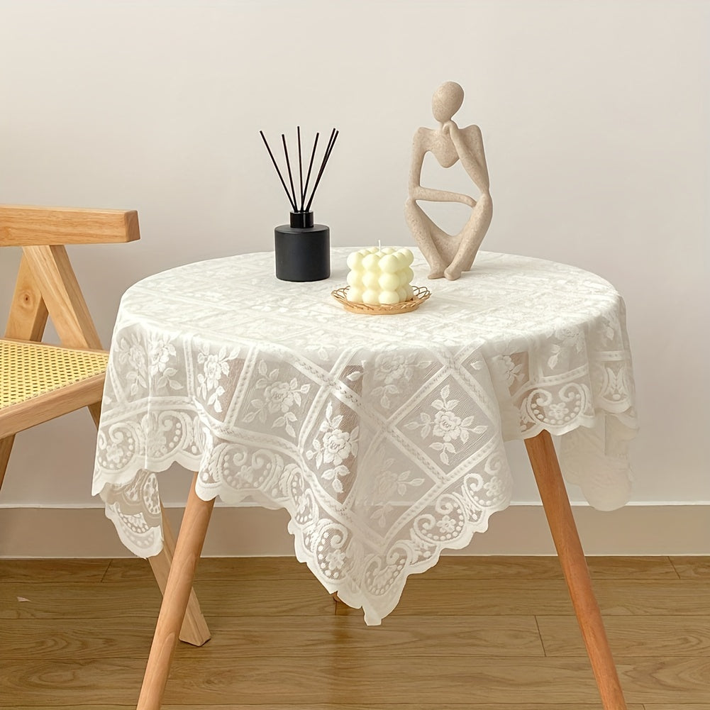 Bright Silk Tablecloth with Beige Lace Accents - Small Dining Table Cover