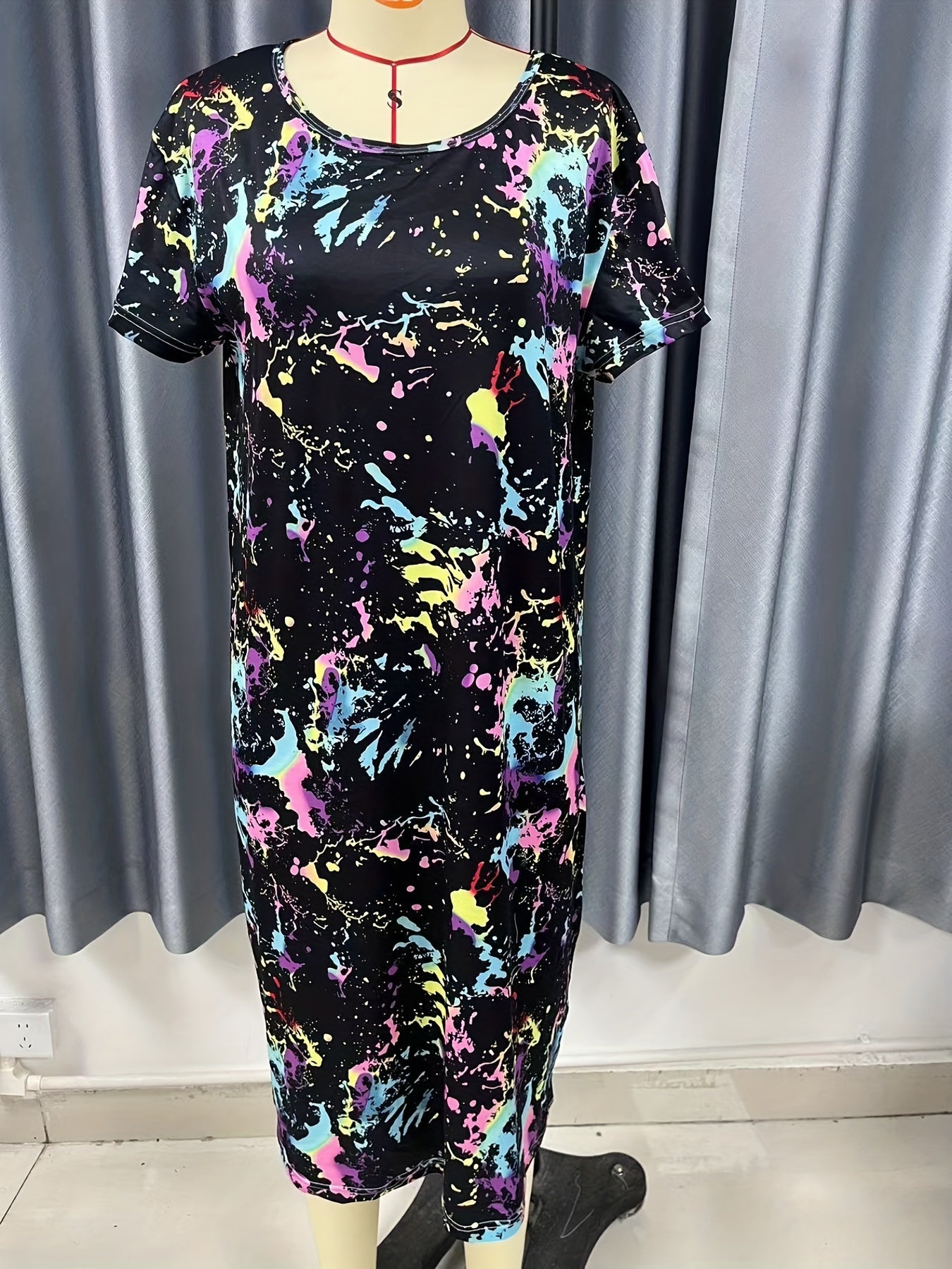 Tie Dye Print Lounge Dress Comfy Crew Neck Short Sleeve Home Dress