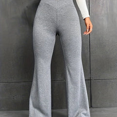  Solid High Rise Flare Leg Pants