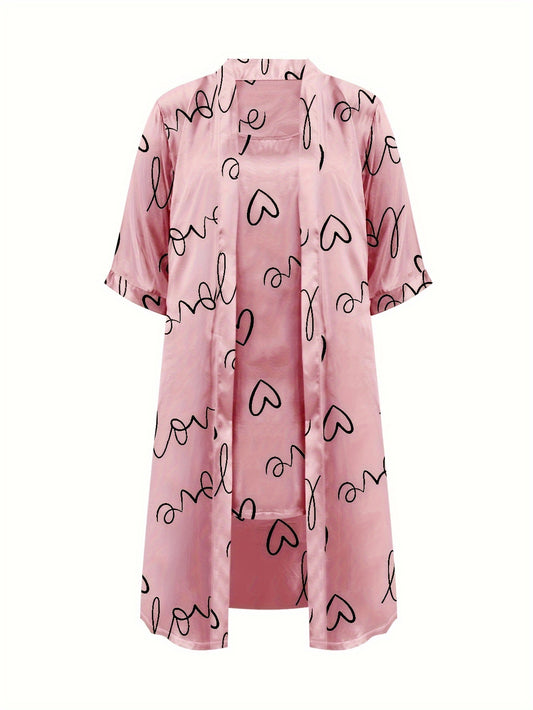  Heart Print Robe & Cami Satin Loungewear Set