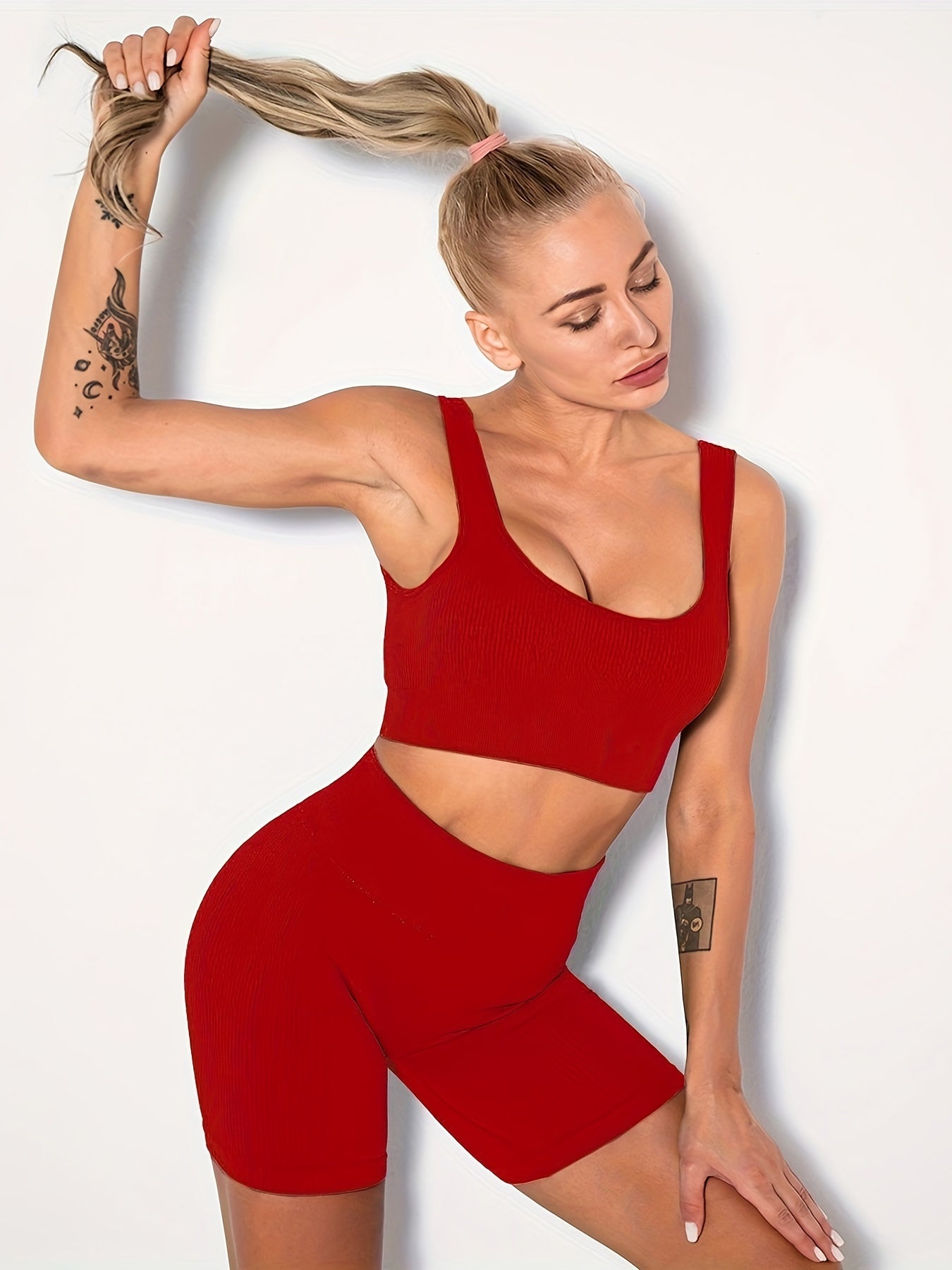 Solid Casual Suits Sports Bra & Yoga Shorts Set Women's Clothing