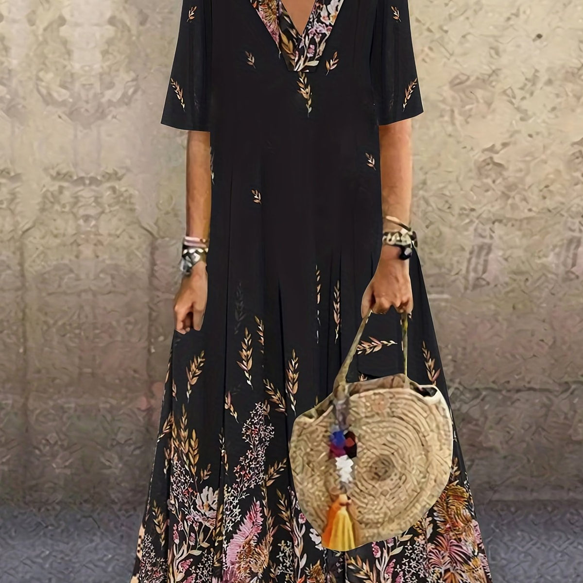 Women's Plus Floral Print V-Neck Maxi Dress