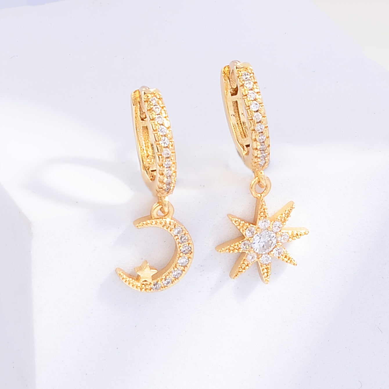 Sun & Moon Zircon Drop Hoop Earrings 18K Plated Ear Jewelry Gift