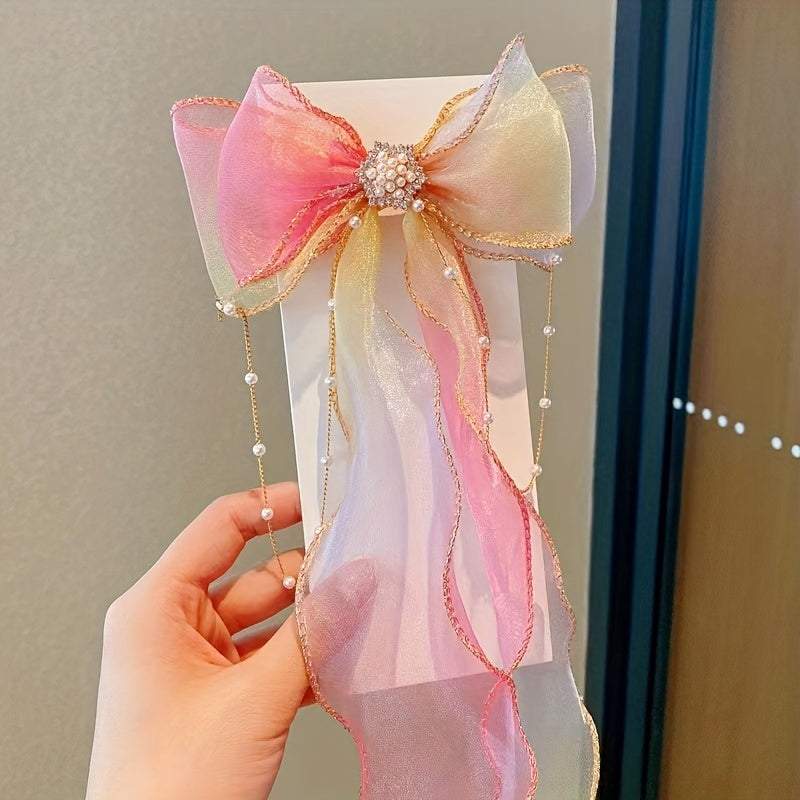 Colorful Ribbon Bow Hair Clips with Faux Pearl Tassel - Party Hair Accessories