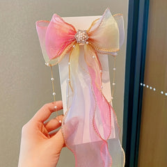 Colorful Ribbon Bow Hair Clips with Faux Pearl Tassel - Party Hair Accessories