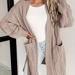  Cable Knit Open Front Sweater Cardigan with Pockets