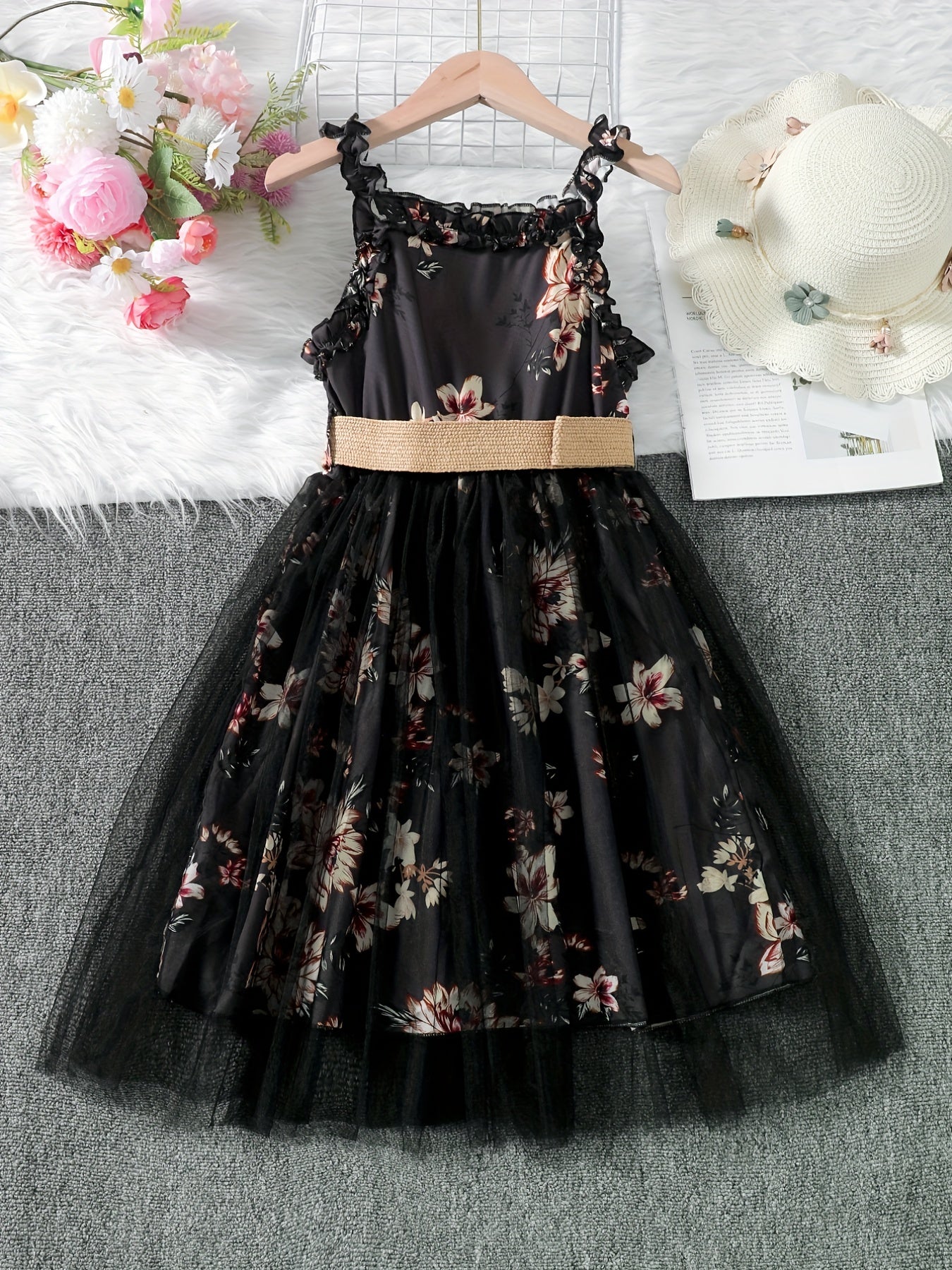 Girls Floral Print Mesh Tulle Cami Dress with Belt