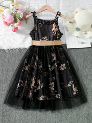 Girls Floral Print Mesh Tulle Cami Dress with Belt