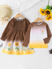 Sibling Matching Gradient Flower Print Shirts&Dress Set
