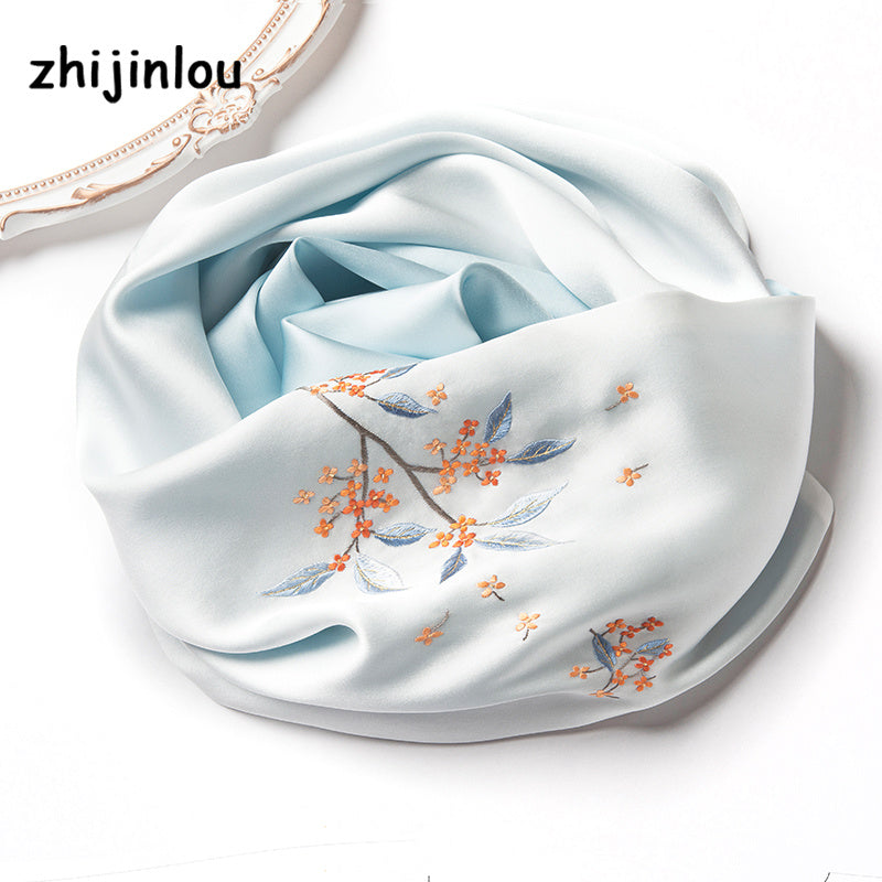 Suzhou Classical Floral Embroidery Solid Silk Scarf Wrap