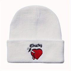 Heart Embroidery Unisex Couple Beanie Solid Knit Hat Elastic Windproof