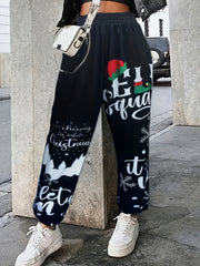 Women's Plus Christmas Jogger Pants - Hat & Snowflake Print