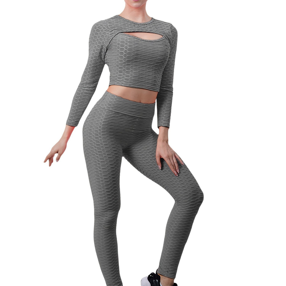 2pc Honeycomb Long Sleeve Yoga Set & High Waist Gym Leggings