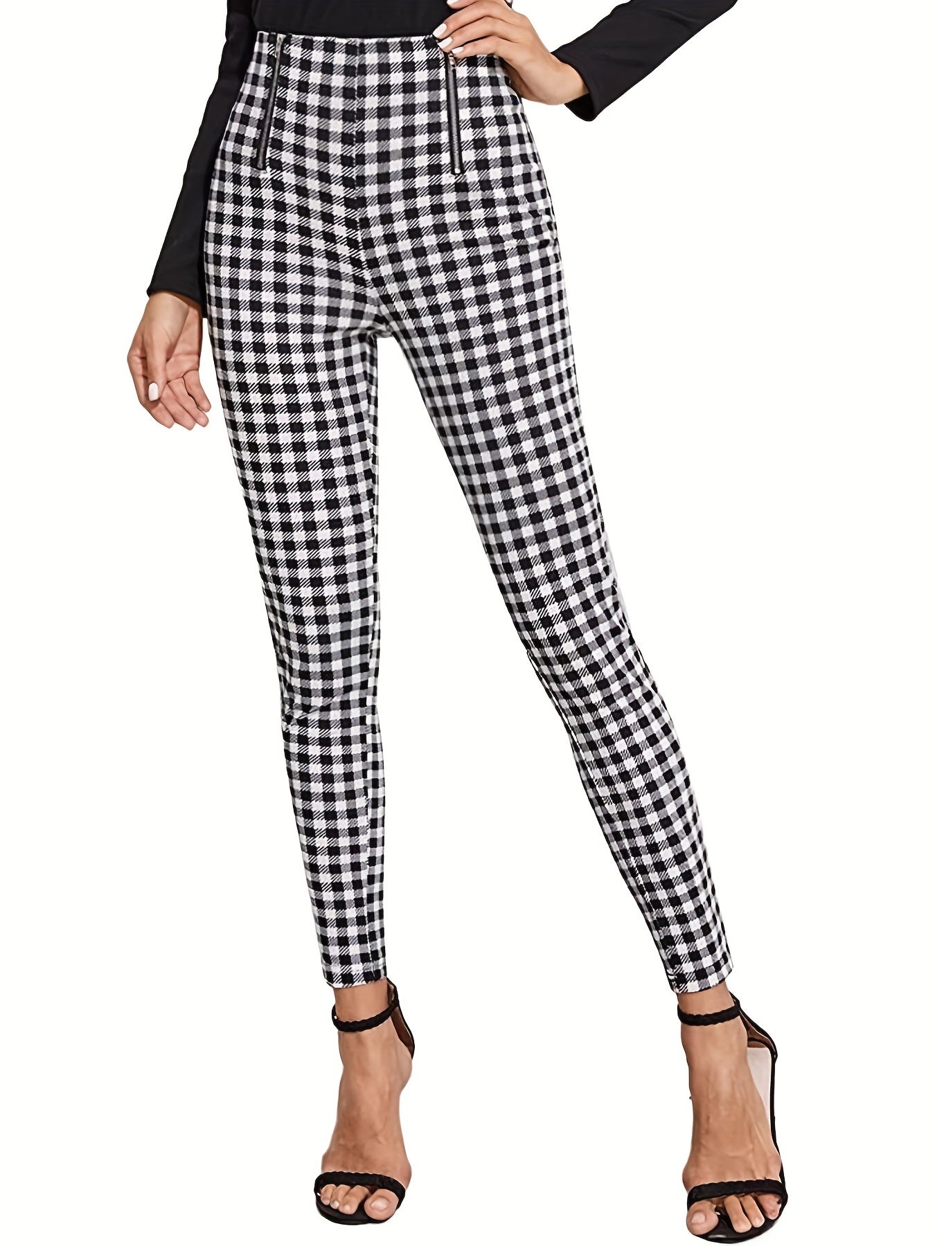 Plaid Zip Front Skinny Leggings Casual High Waist Every Stretchy Leggings