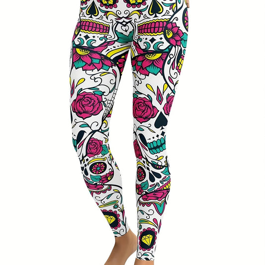 Flower & Halloween Skull Print Yoga Pants High Stretch Leggings for Women