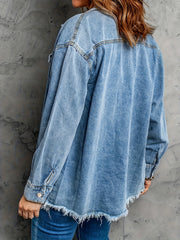  Solid Button Up Denim Fringe Trim Jacket