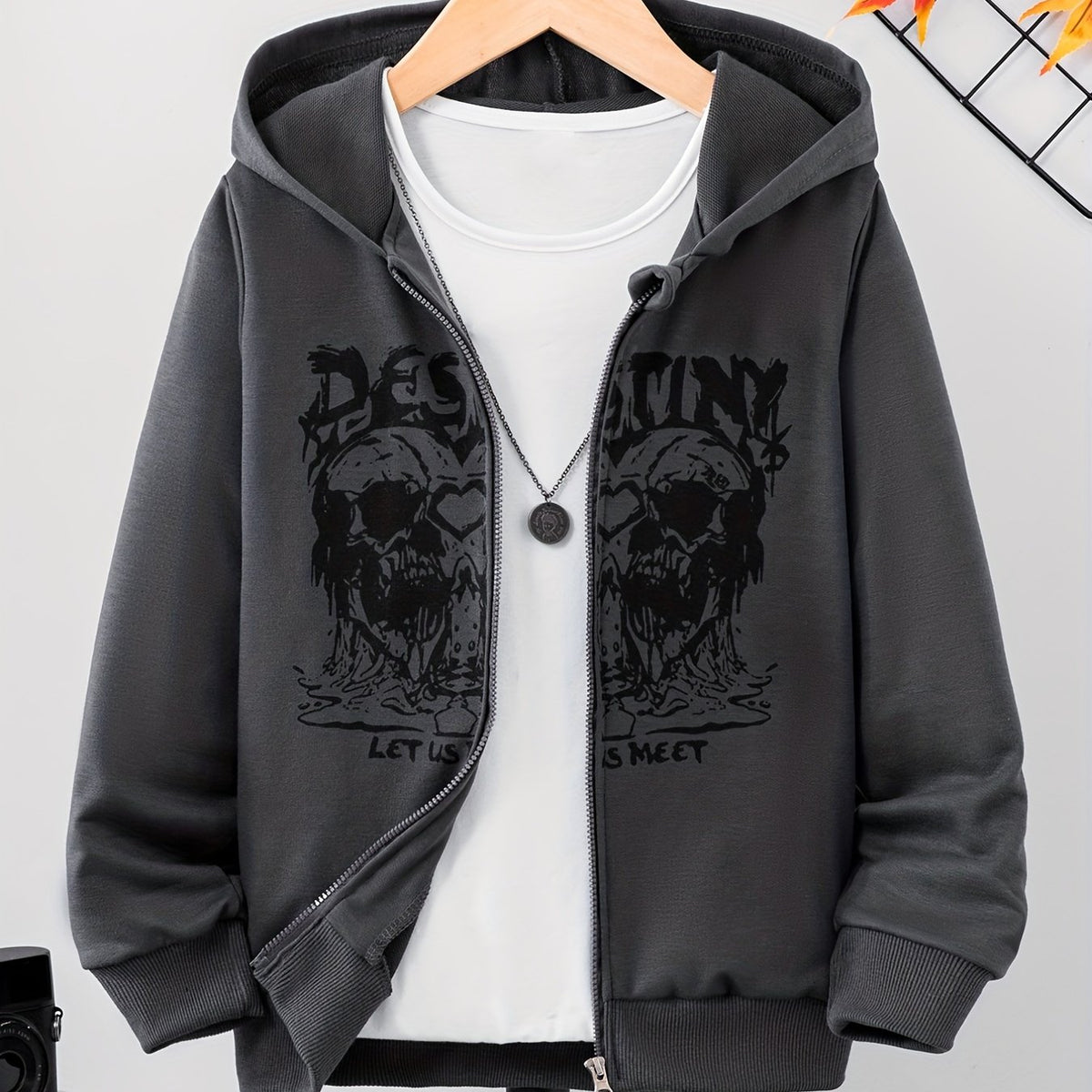 Funny Skull Print Boys Zip Up Hoodie with Pockets