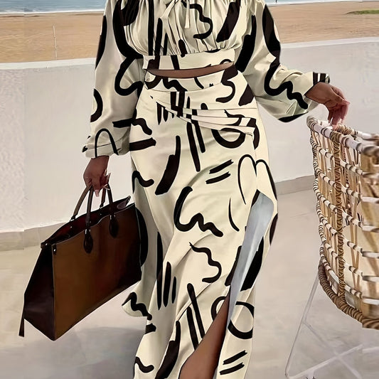 Abstract Graphic Print Off Shoulder Two piece Set