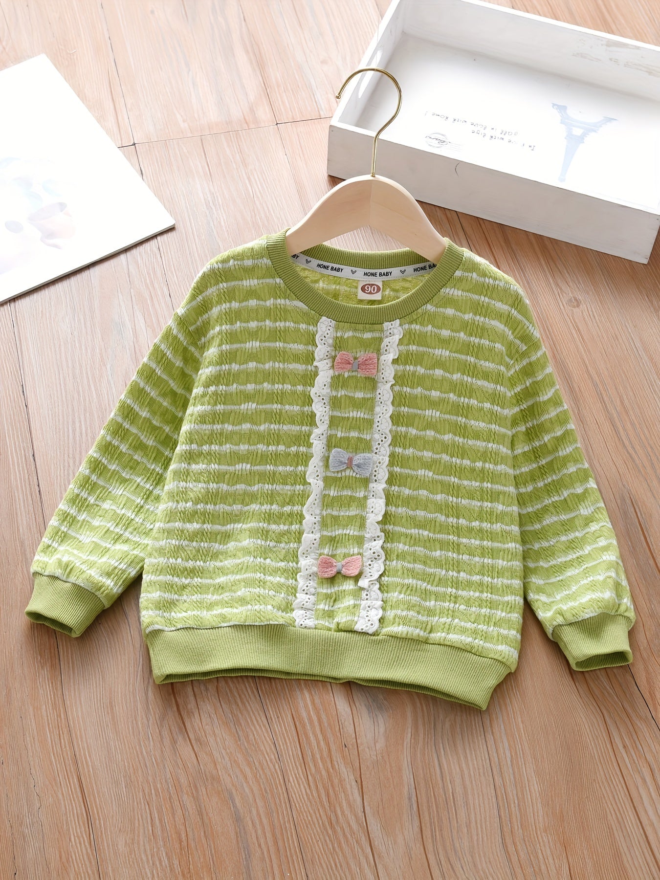 Girls' Lace Bow Front Crew Neck Pullover Sweatshirt Top