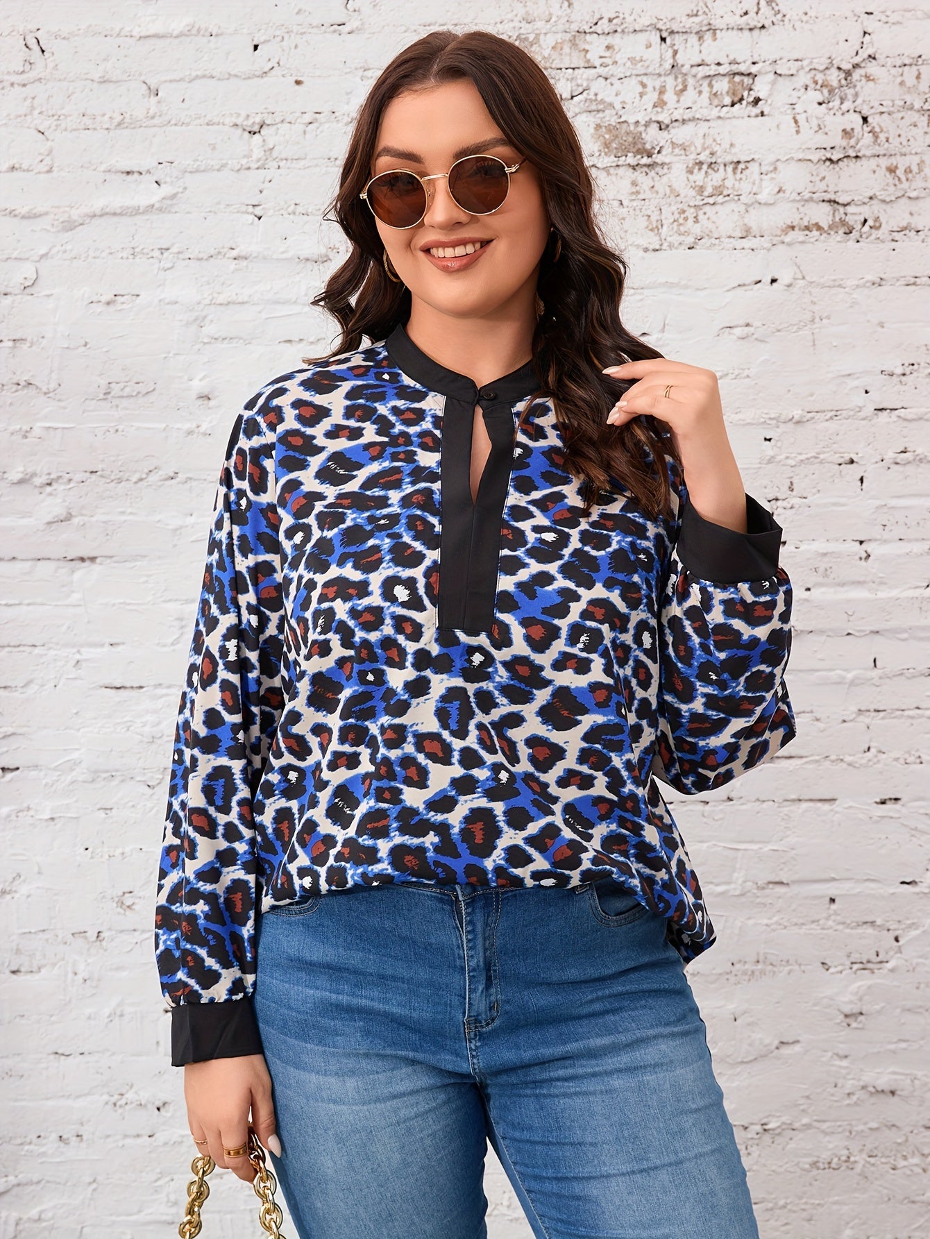  Leopard Print Lantern Sleeve Top