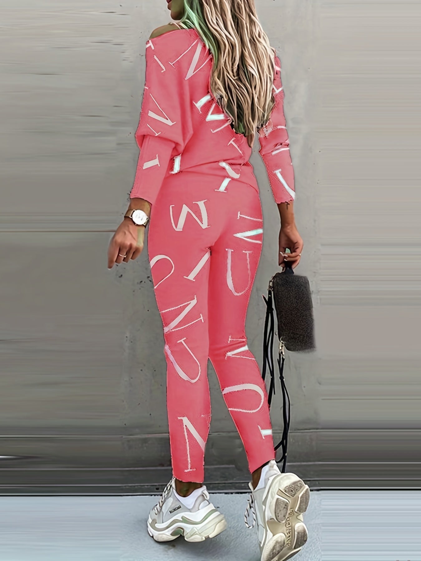 Casual Letter Print Two piece Set Crew Neck Long Sleeve Tops & Slim Pants
