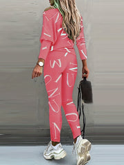 Casual Letter Print Two piece Set Crew Neck Long Sleeve Tops & Slim Pants