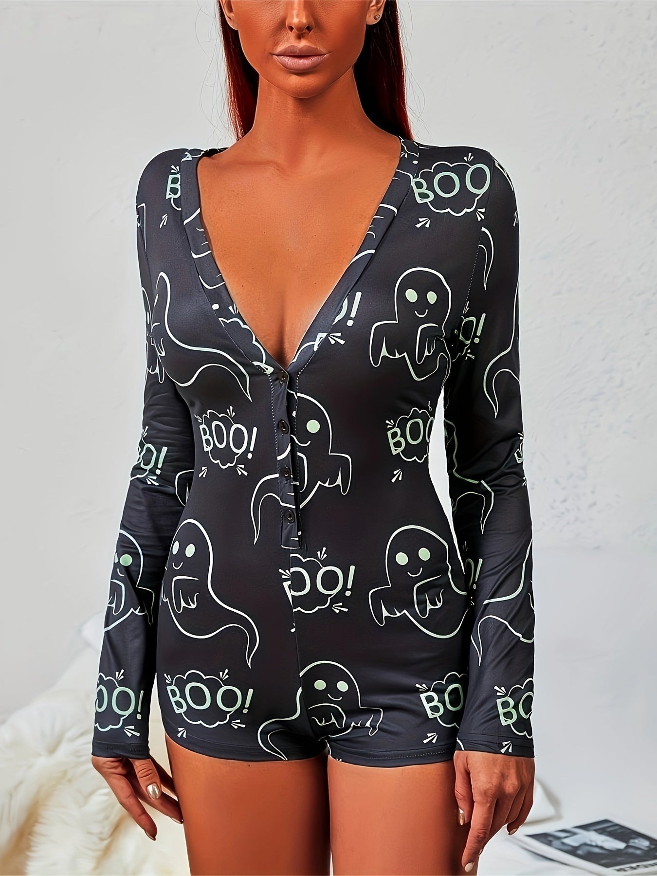 Halloween Ghost Print Pajama Romper Long Sleeve V Neck Buttons Pajamas