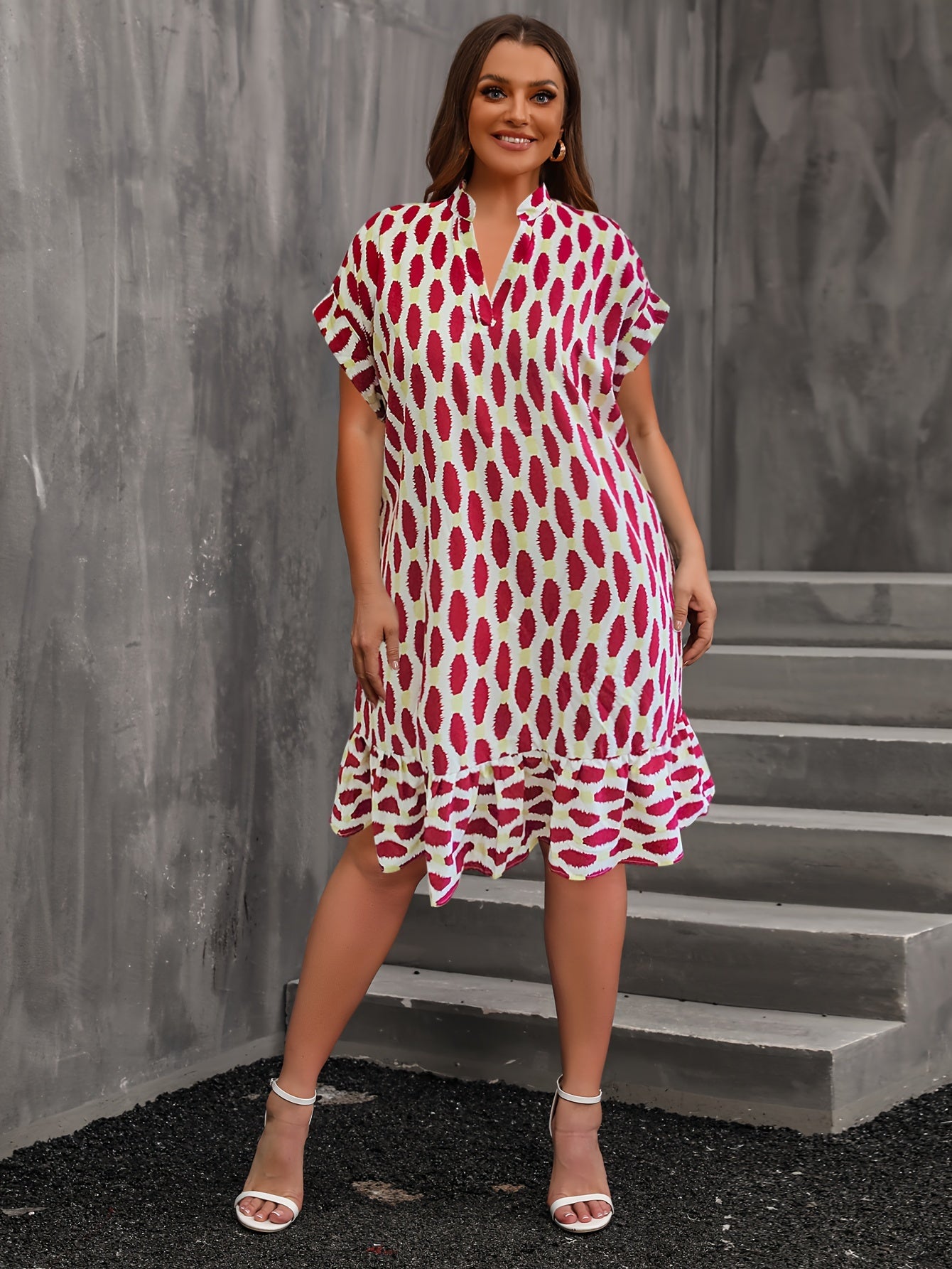  Causal Dress Women's Plus Allover Print Roll Up Batwing Sleeve Dress