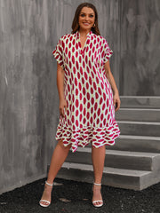  Causal Dress Women's Plus Allover Print Roll Up Batwing Sleeve Dress
