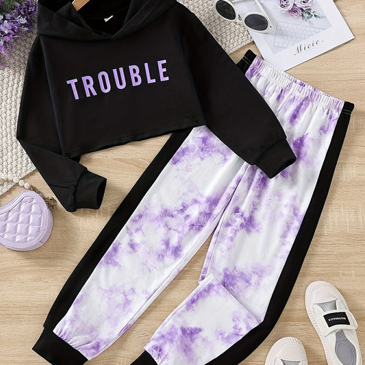 Girls 2pc TROUBLE Letter Hoodie Set Colorblock Tie dye Pants Kids Casual Suit