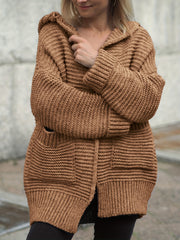  Solid Open Front Hooded Sweater Cardigan With Pockets