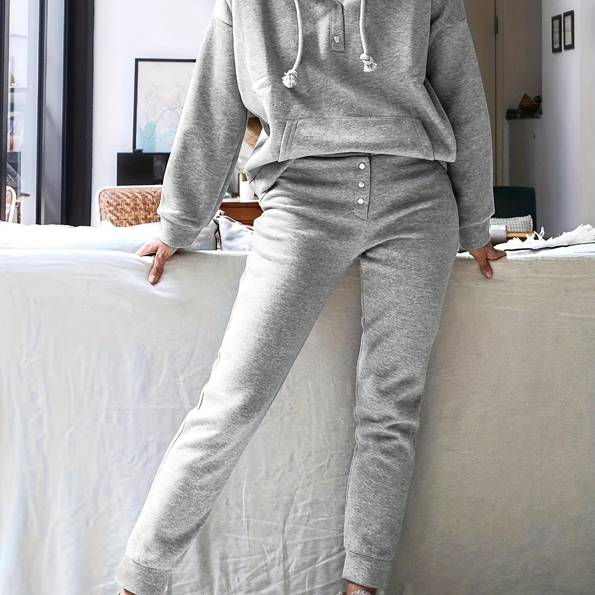  Sporty Outfit Set: Solid Half Button Hoodie & Joggers Two Piece Set