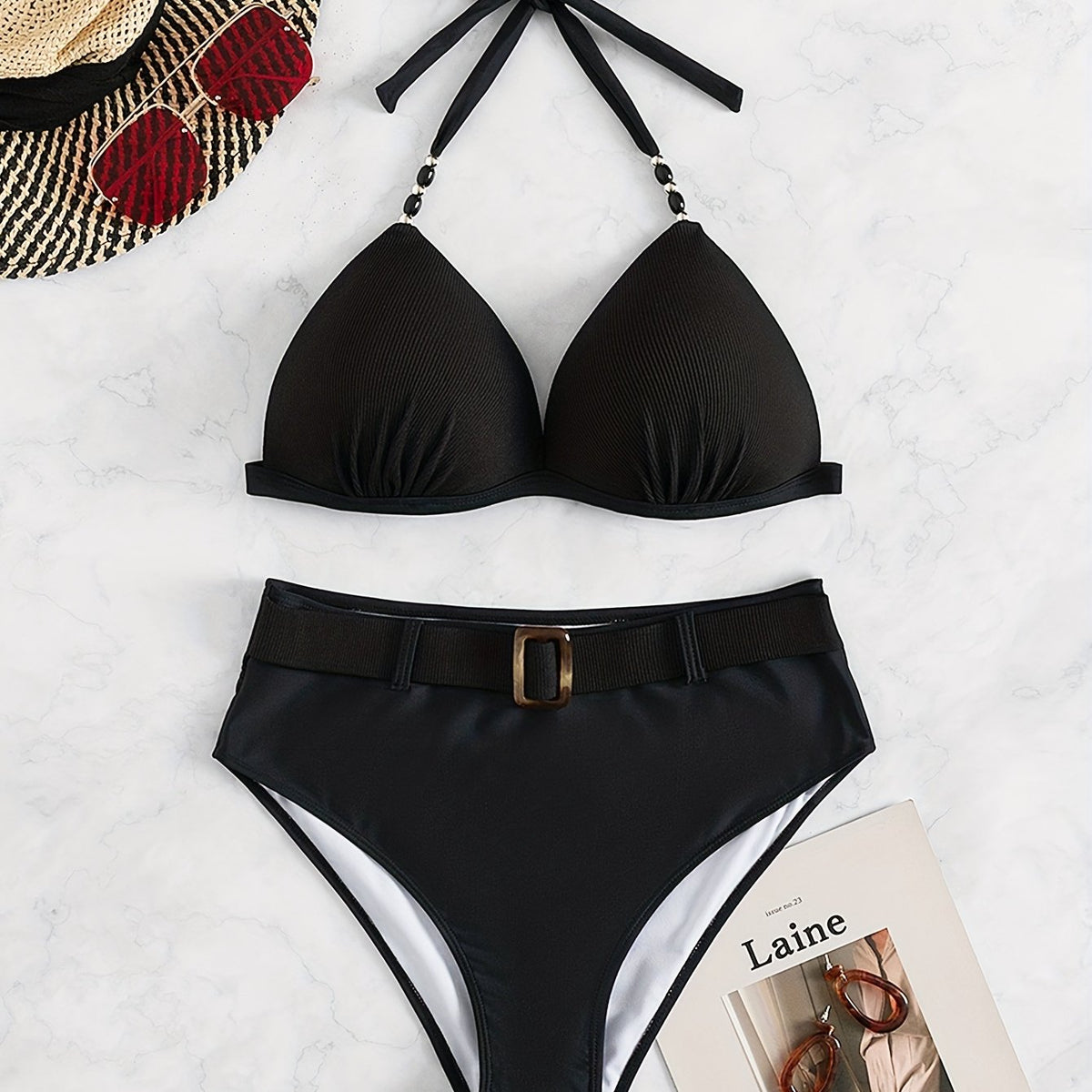  Beaded Molded Cup Halter Bikini Set