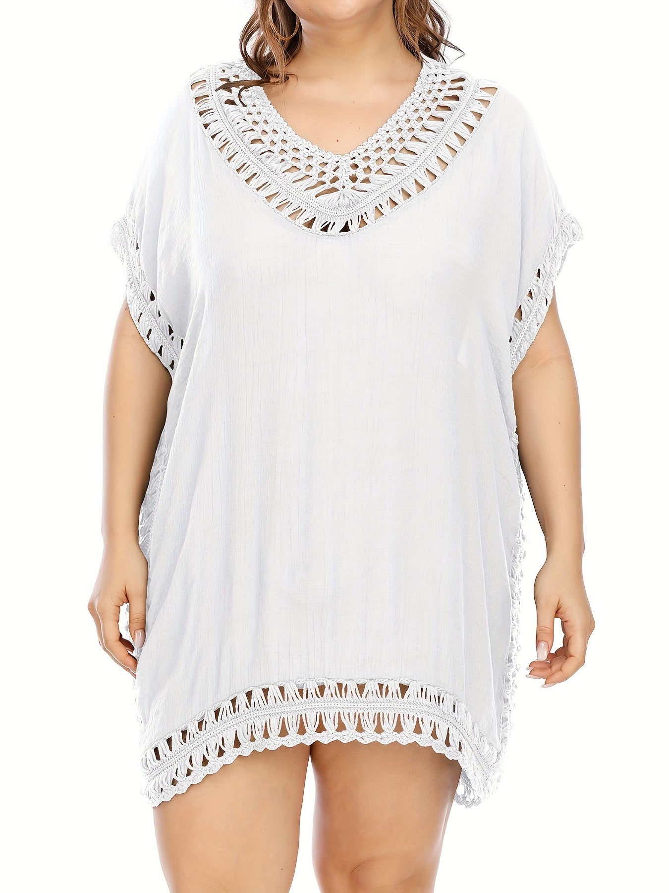  Solid Hollow Out Cover Ups Women's Plus Sexy Round Neck