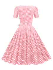 Polka Dot Bow Front Dress Vintage Square Neck Short Sleeve