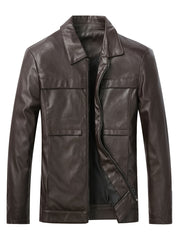 Men's Stylish PU Leather Jacket Casual Zip Up Long Sleeve Jacket