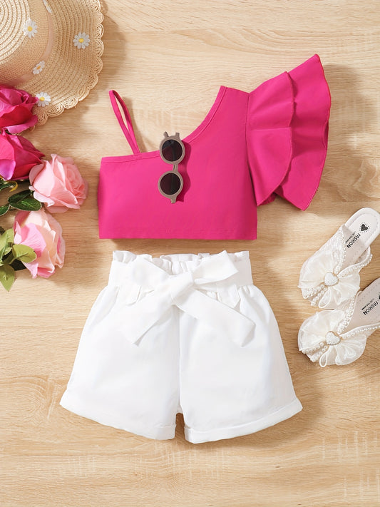 Girls Ruffled One Shoulder Top & Shorts Set for Holiday Party