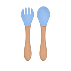 Silicone Spoon & Fork Set Mini Wooden Handle Utensils