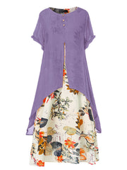 Asymmetrical Floral Print Dress Short Sleeve Crew Neck Casual Dress
