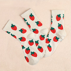 3 Pairs Heart & Strawberry Mid Tube Socks Women's Stockings