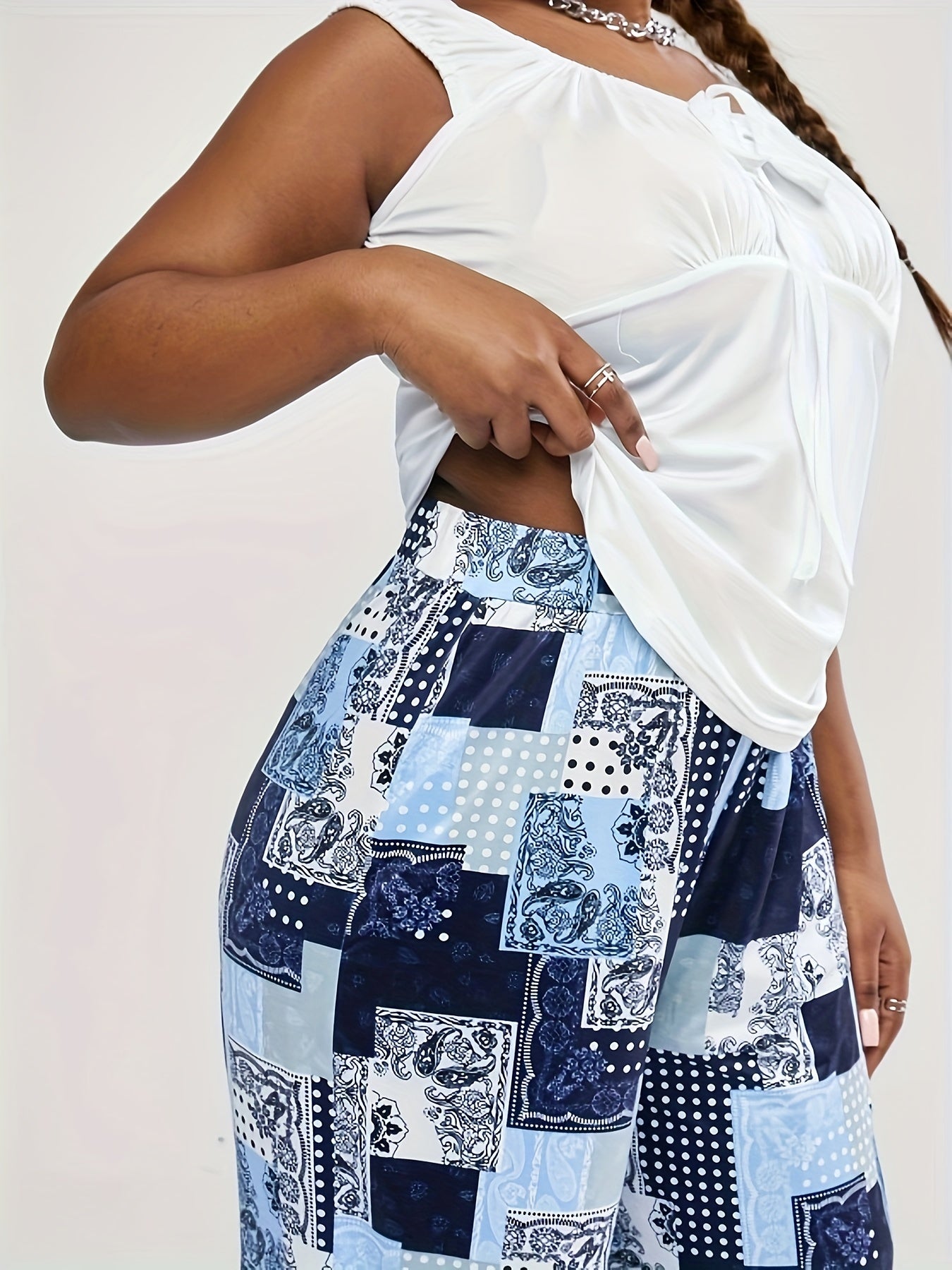  Patchwork Print Elastic High Rise Wide Leg Trousers