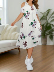  Floral Print Lace Cold Shoulder Maxi Dress