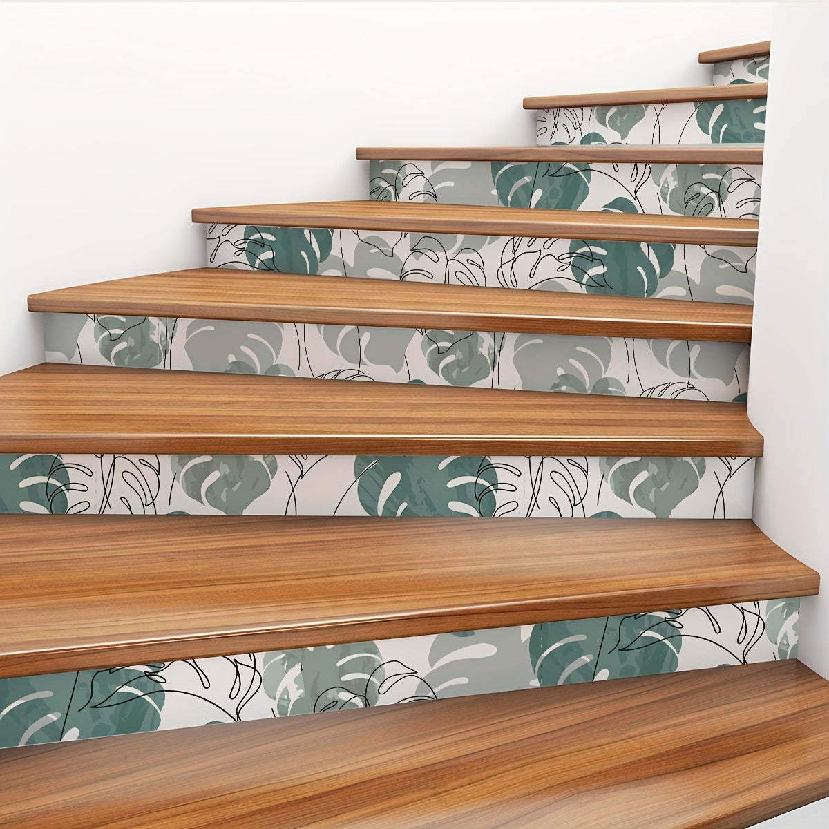 6pcs Watercolor Turtle Back Leaf Pattern Stair Stickers