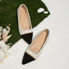 Women's Pointed Toe Flat Shoes Cap Toe Tweed Slip On Soft Sole Office Work Flats