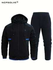 Men's Thick Sports Suit with Hooded Jacket & Stretchy Pants