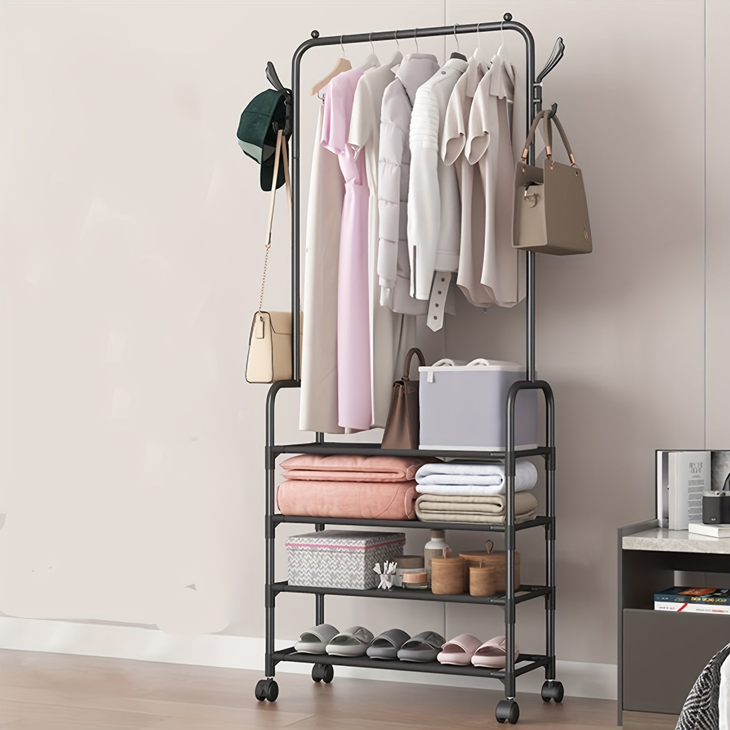 Stylish Garment Rack with Wheels & Hooks - Closet Organizer