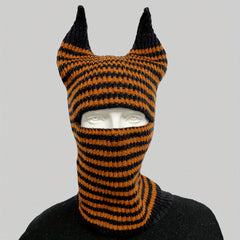 Unisex Halloween Striped Knit Hat With Horns For Warmth