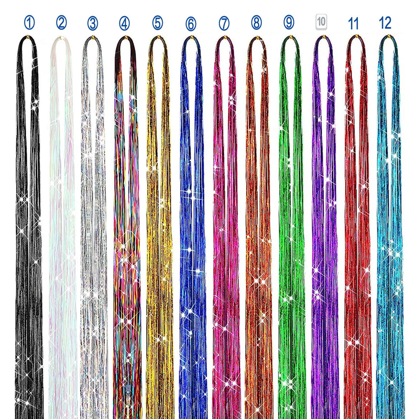 Sparkling Hair Tinsel Strands Kit - 12 Colors - 44cm - Highlights Extensions