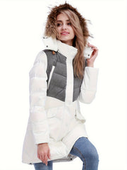 Women's Long Down Hooded Jacket Contrast Long Sleeve Winter Puffer Jacket